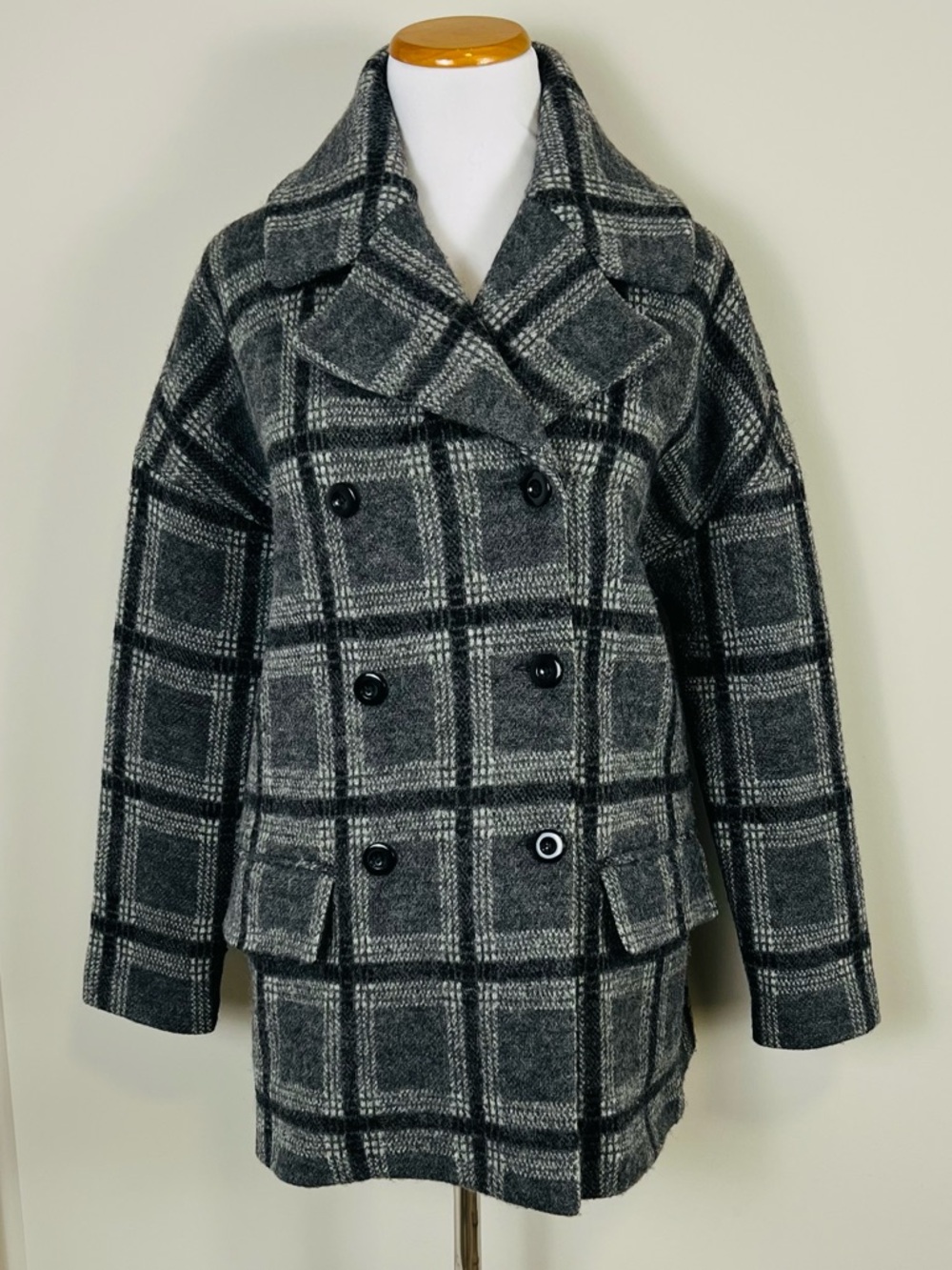 Joie Black and Gray Plaid Wool Double-Breasted Coat